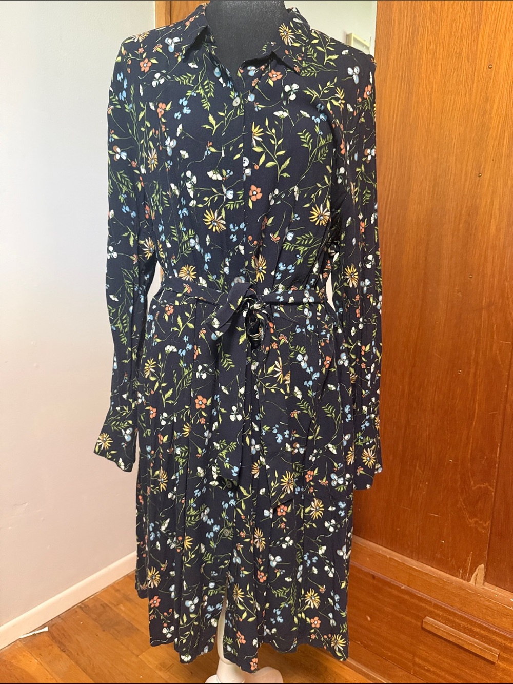JJill Navy Blue Floral Long-Sleeve Shirt Dress with Tie Waist